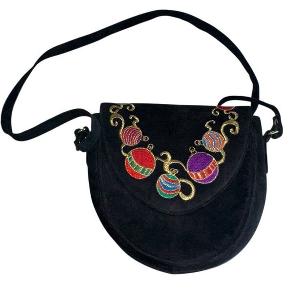 VTG J. Renee Suede Crossbody Bag Purse Black Embroidered Christmas Ornaments - Picture 1 of 11